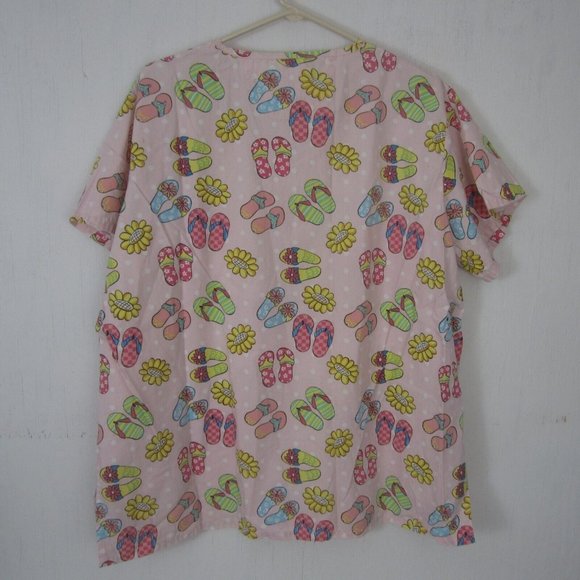 STAT Medical Scrub Shirt women sz L Cotton Polyester Flip Flops beach pink vtg - Picture 5 of 7